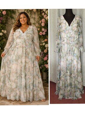 Toleen Tulle Maxi Dress Romantic Floral Tiered Skirt 2XL long sleeves Pastel
